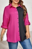 Rose Red Casual Patchwork Contrast Shirt Collar Plus Size Tops