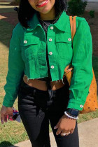 Зеленая повседневная однотонная лоскутная верхняя одежда с карманами и пряжкой на пуговицах и отложным воротником