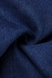 Jean slim décontracté bleu foncé avec boutons en patchwork uni taille haute