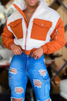 オレンジのエレガントなソリッド パッチワーク ポケット コントラスト ジッパー マンダリン カラー アウターウェア