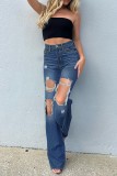 Blue Casual Solid High Waist Distressed Skinny Ripped Denim Jeans