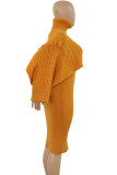 Orangefarbenes, elegantes, einfarbiges Patchwork-Rollkragenpullover mit langen Ärmeln, Zweiteiler