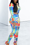 Multi-color Casual Print Patchwork Zipper O Neck Long Sleeve Two Pieces