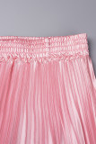 ピンクのエレガントな固体パッチワークプリーツルーズミッドウエストソリッドカラーボトムス