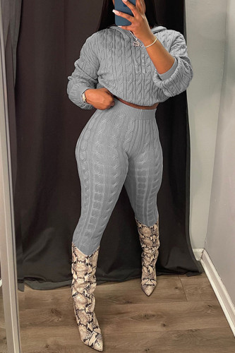 Grey Casual Solid Patchwork Hooded Collar Long Sleeve Two Pieces