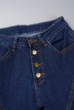 Azul escuro casual sólido retalhos botões cintura alta jeans skinny