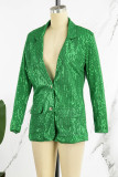 Groene beroemdheden effen pailletten patchwork omslagkraag bovenkleding