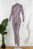 Rosa Sexig Print Patchwork Genomskinlig Half A Turtleneck Skinny Jumpsuits