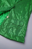 Vêtements d'extérieur à col rabattu en patchwork de paillettes unies de célébrités vertes