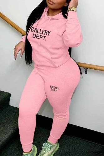 Pink Casual Print Letter Hooded Collar Long Sleeve Two Pieces