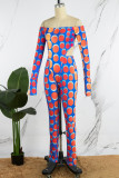 Bleu Orange Sexy imprimé Patchwork asymétrique épaule dénudée manches longues deux pièces