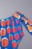 Blue Orange Sexy Print Patchwork Asymmetrical Off the Shoulder Long Sleeve Two Pieces