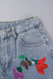 Blauwe, casual print, standaard denim jeans met hoge taille