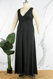 Черное повседневное однотонное длинное платье с V-образным вырезом и разрезом Платья больших размеров