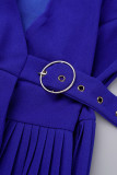 Bleu royal décontracté solide patchwork pli col en V robes trapèze
