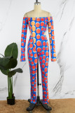 Синий Оранжевый Сексуальный принт с принтом Пэчворк Асимметричный с открытыми плечами и длинными рукавами, два предмета