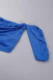 Синий сексуальный однотонный лоскутный комплект из двух частей с открытыми плечами и короткими рукавами