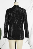Black Celebrities Solid Sequins Patchwork Turn-back Collar Outerwear