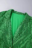 Grüne Promi-Oberbekleidung mit festem Pailletten-Patchwork und Umlegekragen