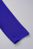 Bleu royal décontracté solide patchwork pli col en V robes trapèze