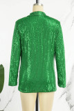 Grüne Promi-Oberbekleidung mit festem Pailletten-Patchwork und Umlegekragen