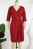 Red Casual Solid Patchwork Fold V Neck A Line Dresses