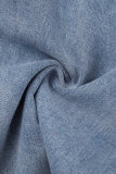 Blue Casual Floral Print Basic High Waist Regular Denim Jeans