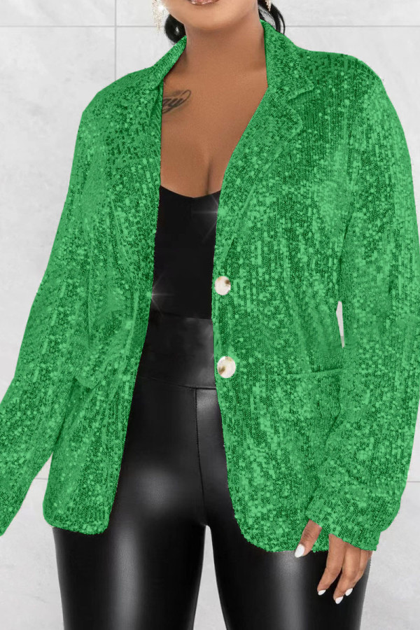 Ropa de abrigo celebridades sólido lentejuelas patchwork cuello vuelto verde