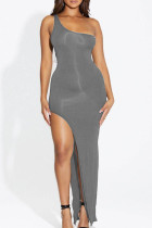 Silver Gray Casual Solid Patchwork Backless High Opening One Shoulder Long Dress Dresses