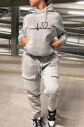 Grey Casual Heart Print Hooded Collar Long Sleeve Sweatshirt And Draw String Pocket Skinny Pants Two Pieces Jogger Sets