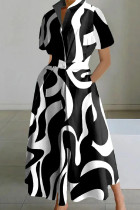 ブラック ホワイト カジュアル プリント パッチワーク ターンダウンカラー 半袖 ドレス ドレス