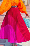 Elegante patchwork a blocchi di colore rosso mandarino con cintura plissettata con taglio a vita alta e pantaloni patchwork di tipo A