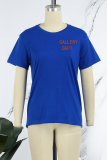 Royal Blue Street Print Patchwork T-shirts med bokstaven O-hals