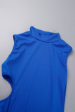 Azul Profundo Casual Calle Sólido Ahuecado Patchwork Medio cuello alto Falda envuelta Vestidos