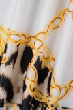 Bianco elegante stampa fibbia colletto risvoltato manica lunga due pezzi
