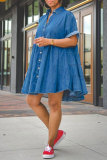 ブルー カジュアル ソリッド パッチワーク ターンダウンカラー 半袖 レギュラー デニム ドレス