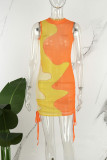 Lichtgroene sexy print patchwork trekkoord mesh contrasterende o-hals schede jurken