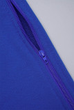 Blue Sweet Street Solido patchwork scavato con fibbia con cordino colletto alla coreana manica lunga due pezzi