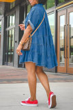ブルー カジュアル ソリッド パッチワーク ターンダウンカラー 半袖 レギュラー デニム ドレス