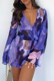 Пурпурные повседневные платья с V-образным вырезом и длинными рукавами с принтом тай-дай