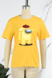 T-shirts décontractés jaunes à col rond et patchwork imprimé rue