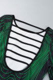 Groene elegante print patchwork rugloze O-hals bedrukte jurkjurken
