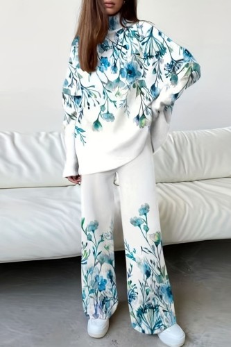 Sky Blue Casual Print Basic Long Sleeve Two Pieces