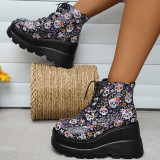 Black Casual Patchwork Frenulum Printing Round Comfortable Out Door Shoes (Heel Height 3.15in)