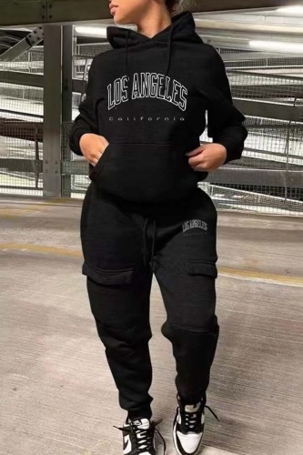 Black Casual Print Letter Hooded Collar Long Sleeve Sweatshirt And Draw String Pocket Skinny Pants Two Pieces Jogger Sets