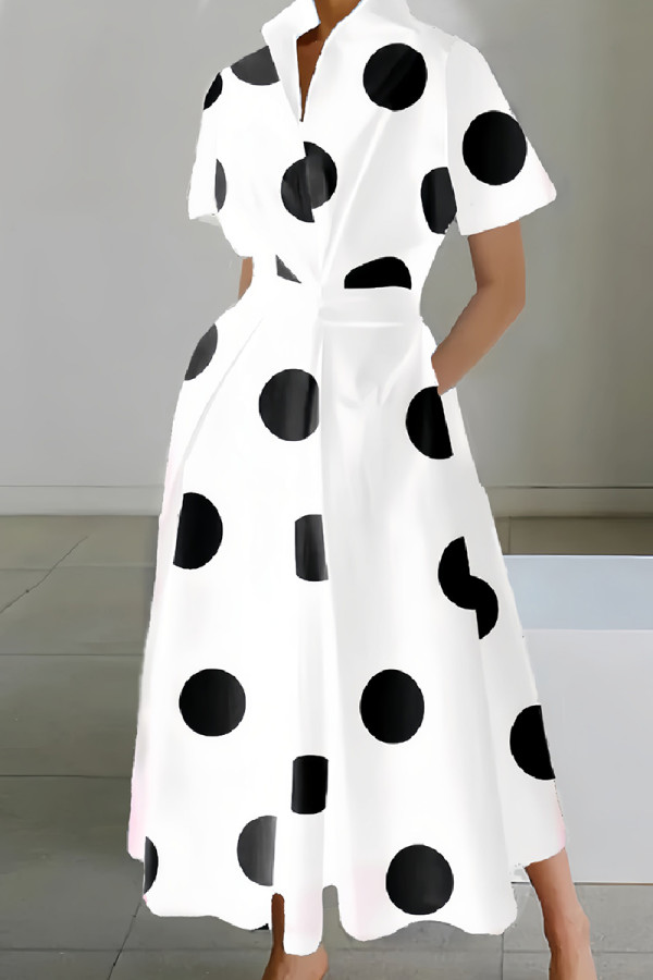ホワイト カジュアル プリント パッチワーク ターンダウン カラー 半袖 ドレス ドレス