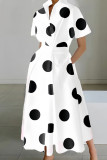 ブラック ホワイト カジュアル プリント パッチワーク ターンダウンカラー 半袖 ドレス ドレス