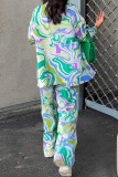 Cárdigan con estampado informal, pantalones, cuello vuelto, manga larga, dos piezas, verde