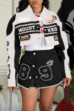 Black Casual Street Print Patchwork Turndown Collar Long Sleeve Two Pieces