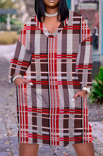 Brown Red Casual Print Basic V Neck Long Sleeve Dresses